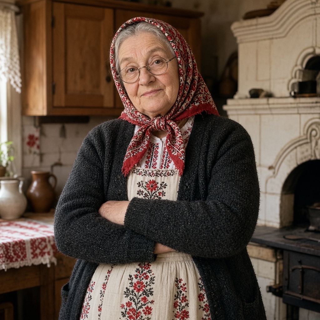 Ilustrácia fiktívnej postavy Babka Zuzka v červenej šatke s prekríženými rukami pri kachľovej peci